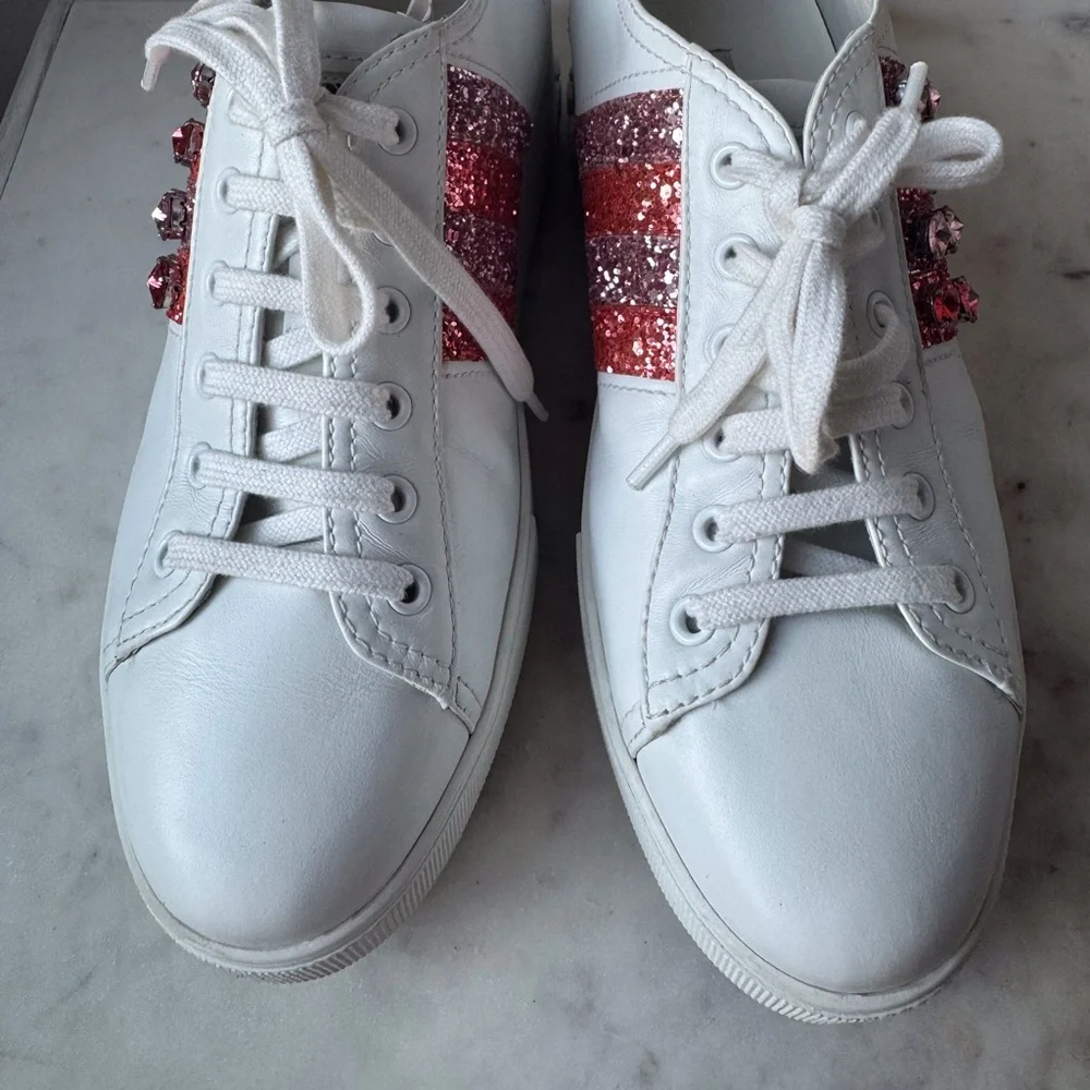 Miu Miu Crystals Glitter‎ White Leather Platform Sneakers Size 10